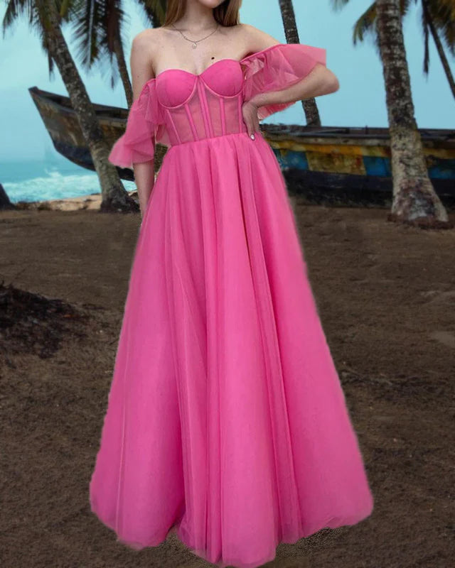 A-line Off The Shoulder Tulle Corset Prom Dresses